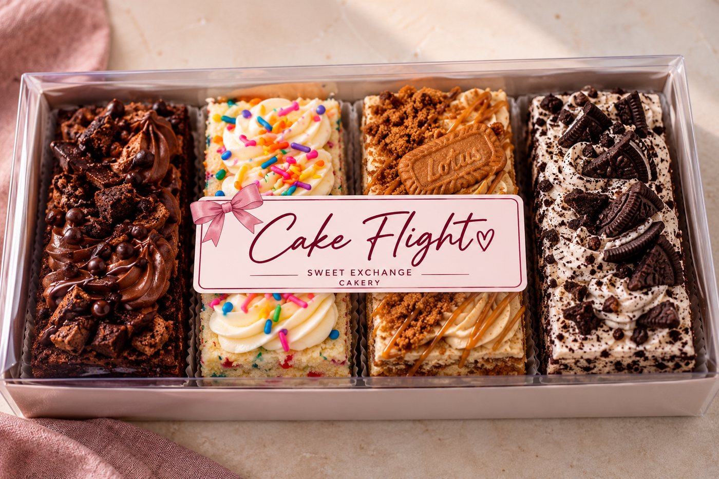 Cake Flight: four generous rectangular cake slices — chocolate fudge, funfetti, cookie butter and cookies & cream — in a long clear-lidded box with a pink Cake Flight label.