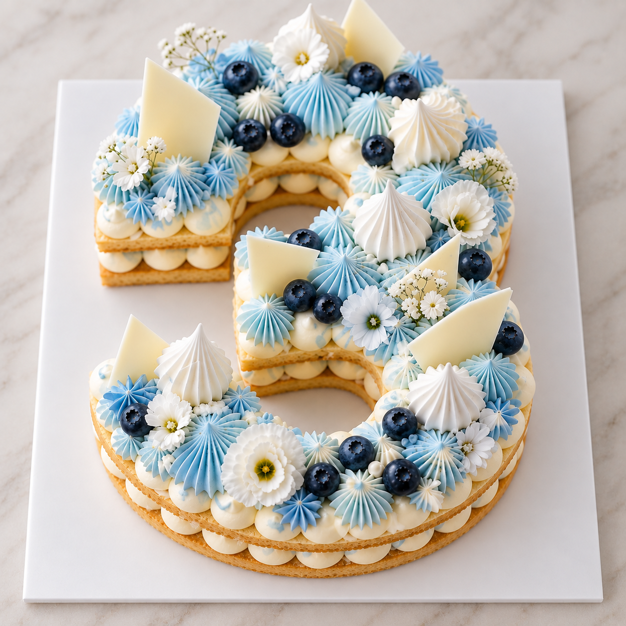 Blue and white number three cake decorated with blueberries and flowers