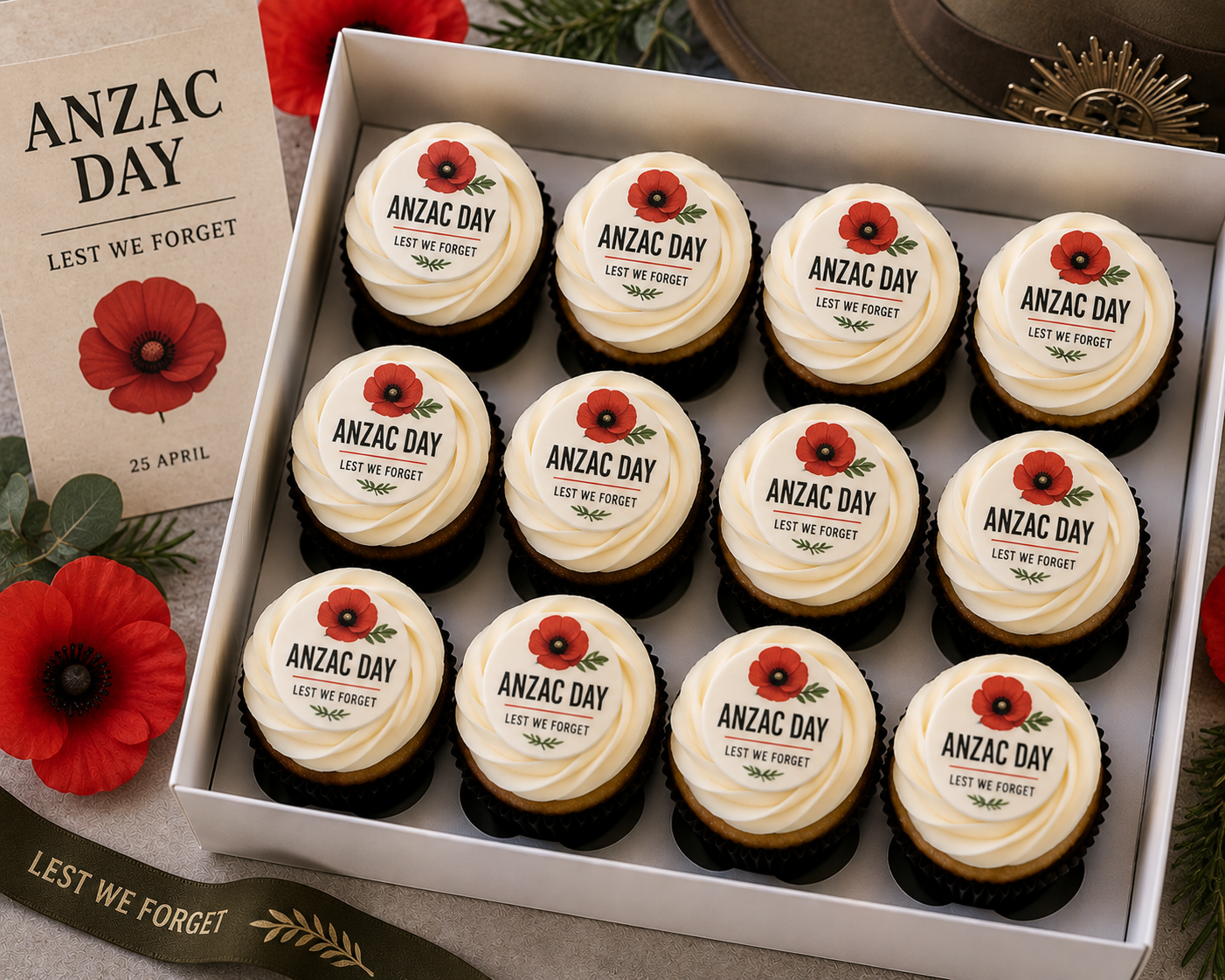 ANZAC Day cupcakes with cream frosting, red poppy toppers and Lest We Forget messages in a white bakery box