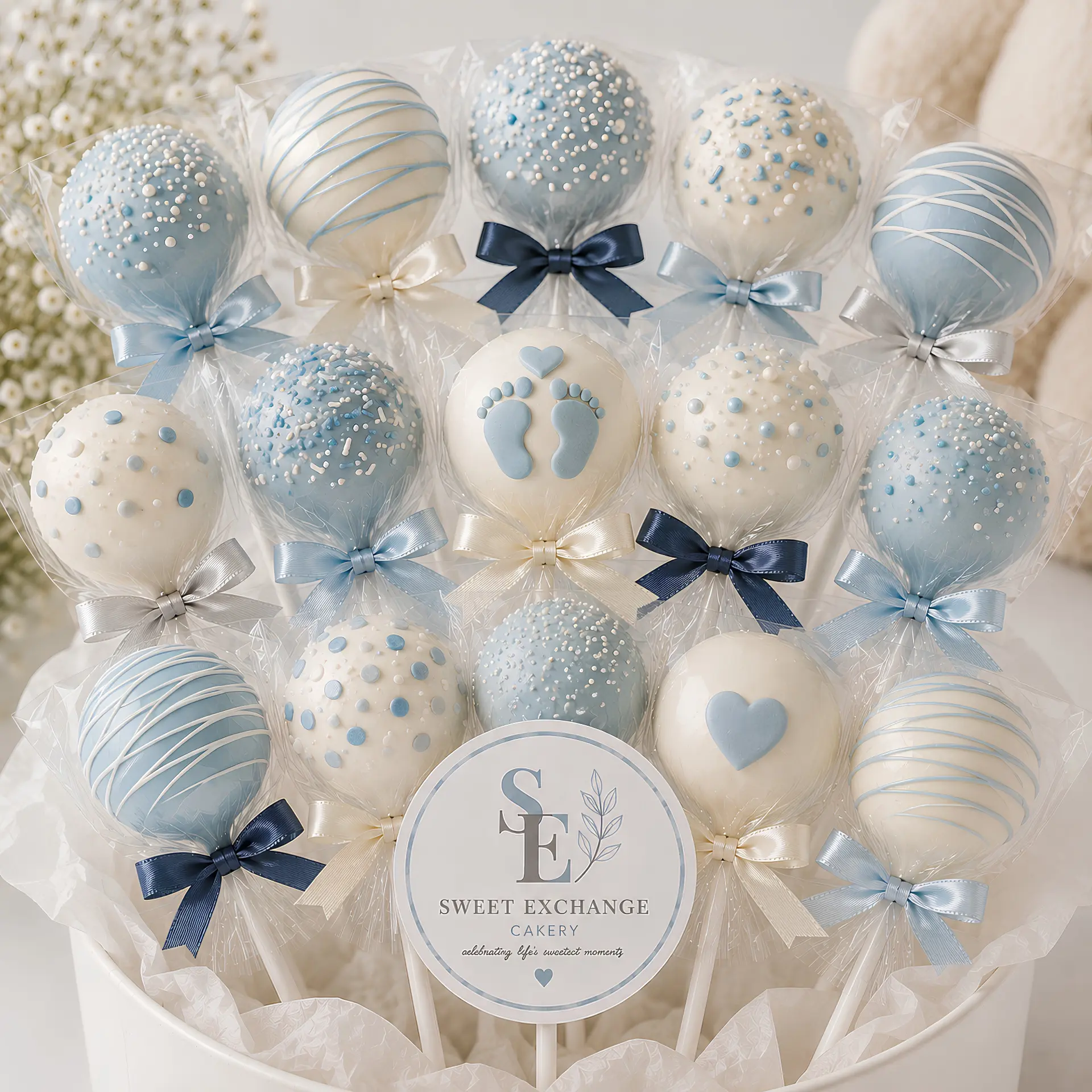 Dusty blue baby shower pops with tiny feet