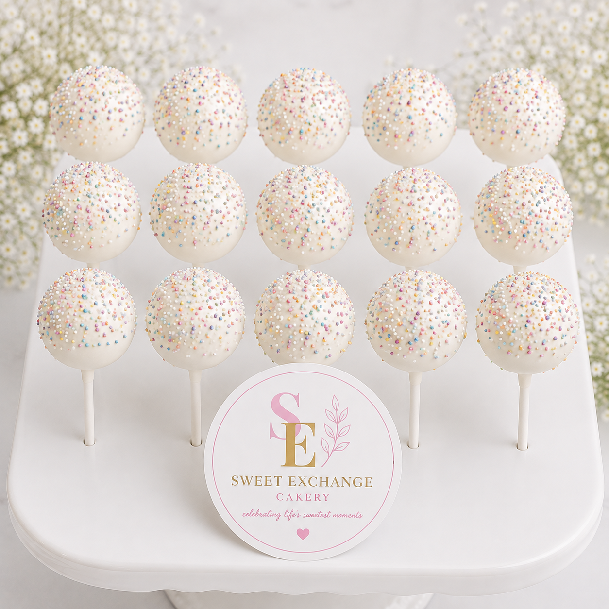 Classic white chocolate pops with pastel nonpareils