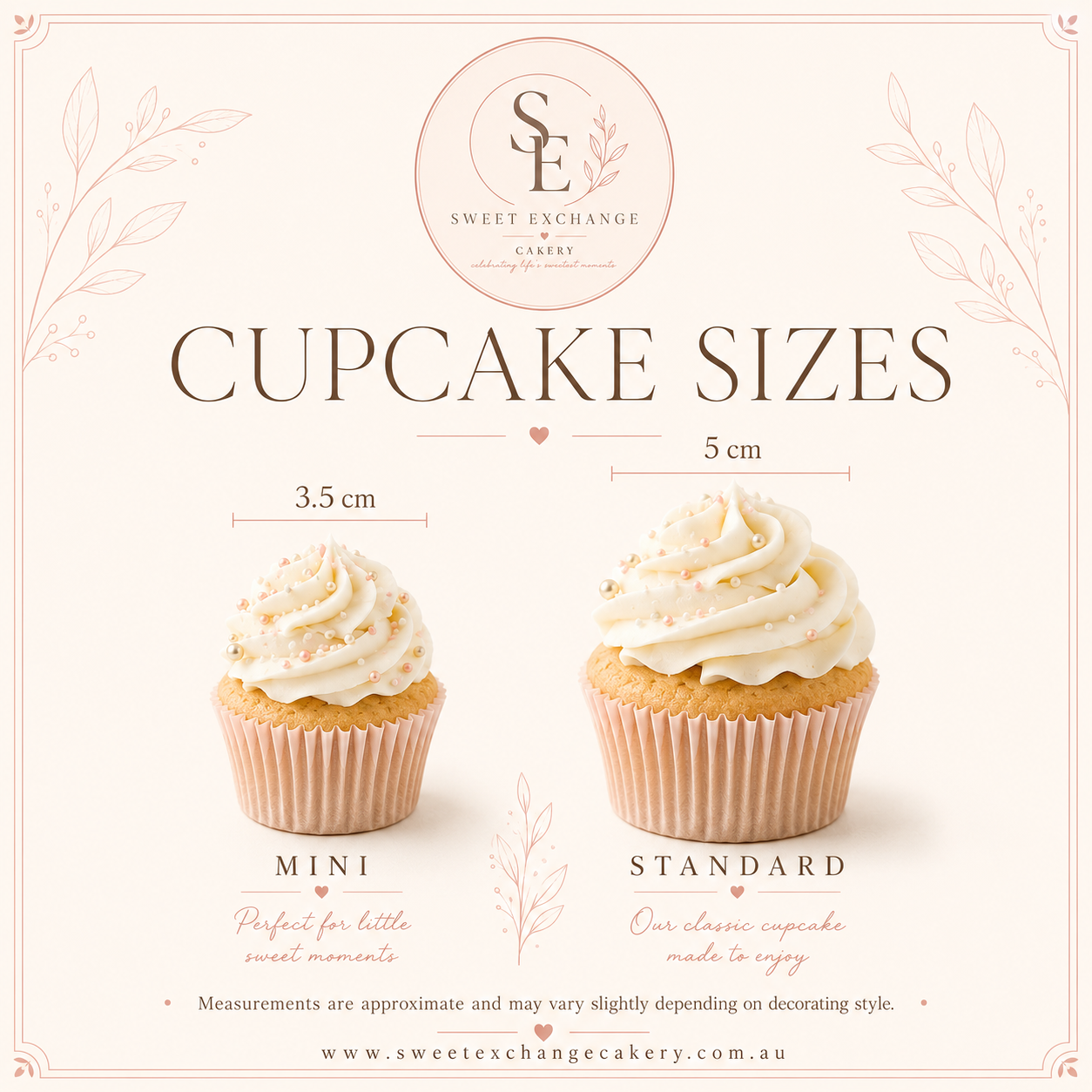 Cupcake size comparison: Mini cupcakes are 3.5 cm and Standard classic cupcakes are 5 cm