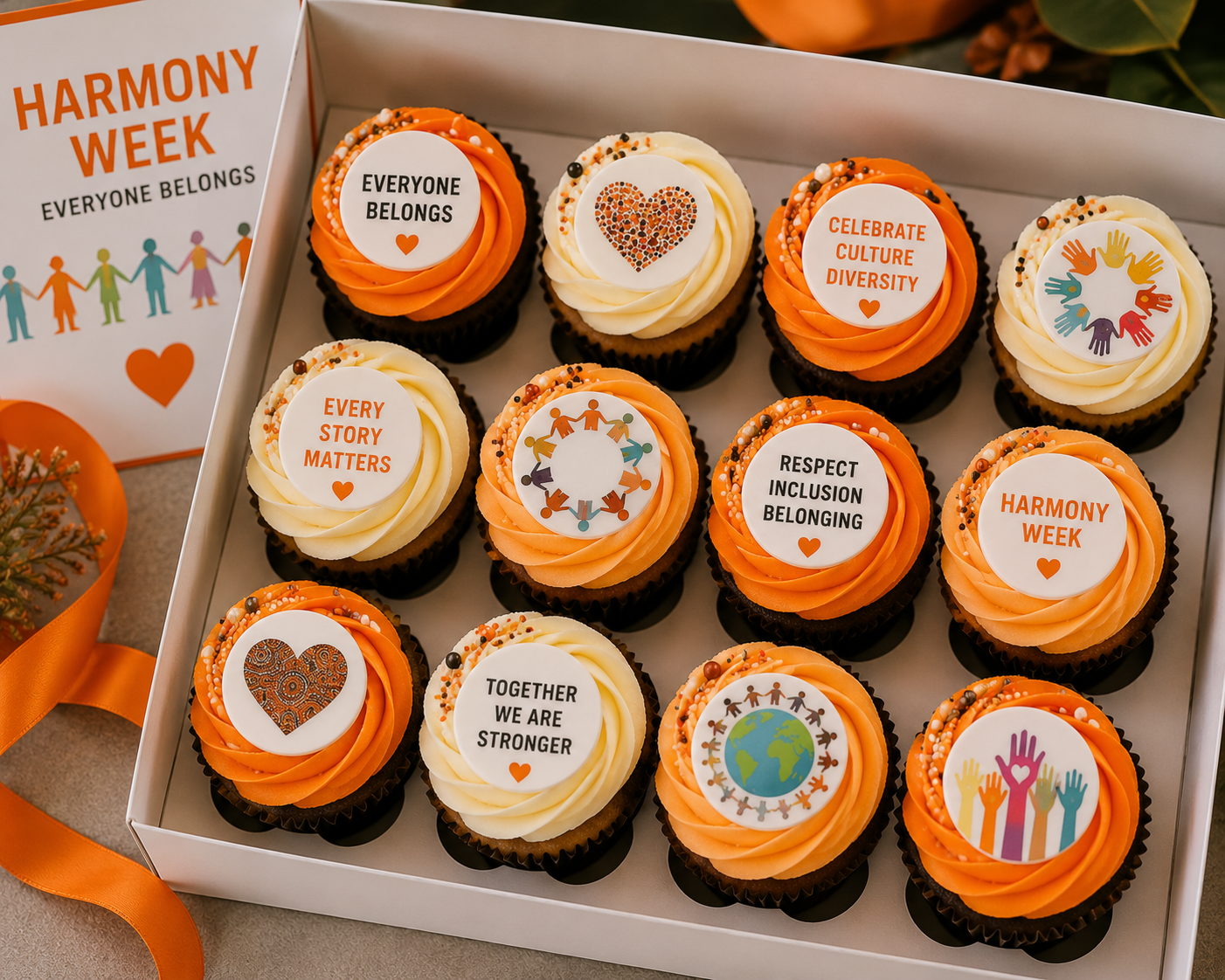 Harmony Week cupcakes with orange and cream edible toppers celebrating diversity and belonging in a white bakery box
