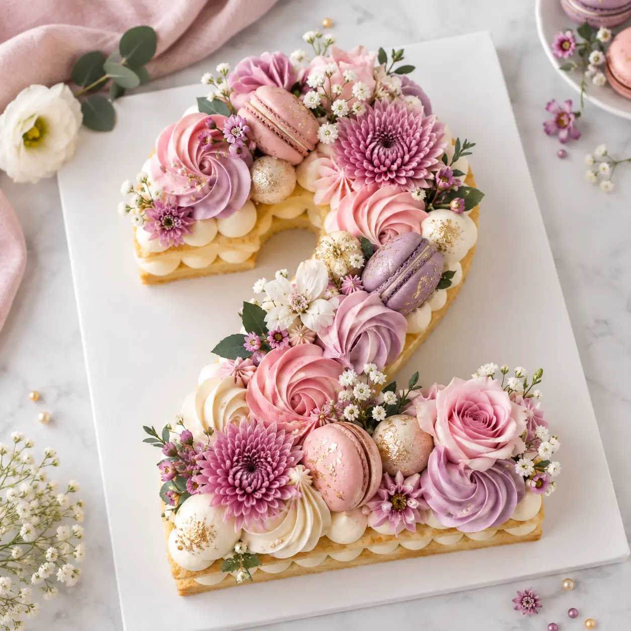 Pink floral number two cake with macarons