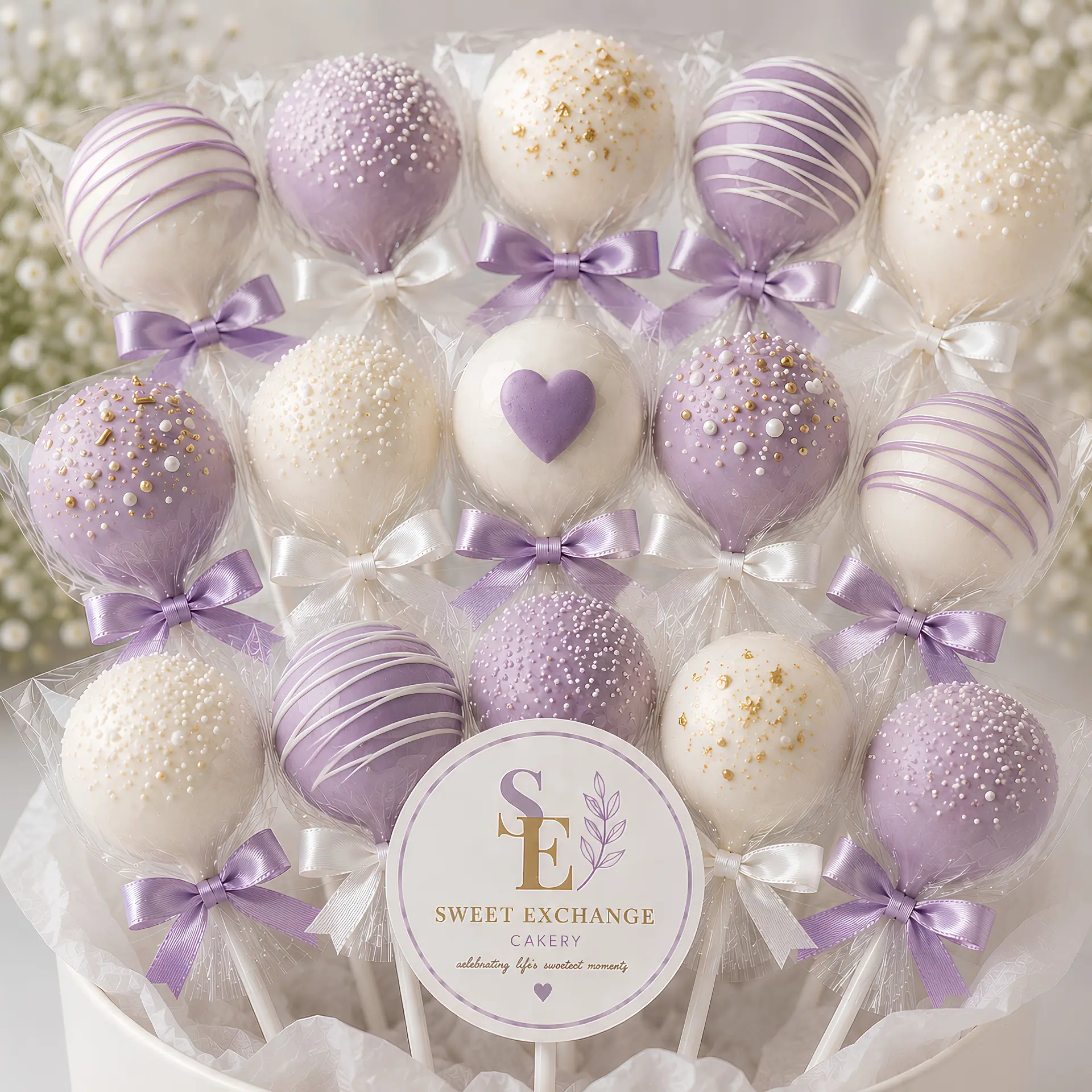 Lavender, ivory & gold pops with heart detail