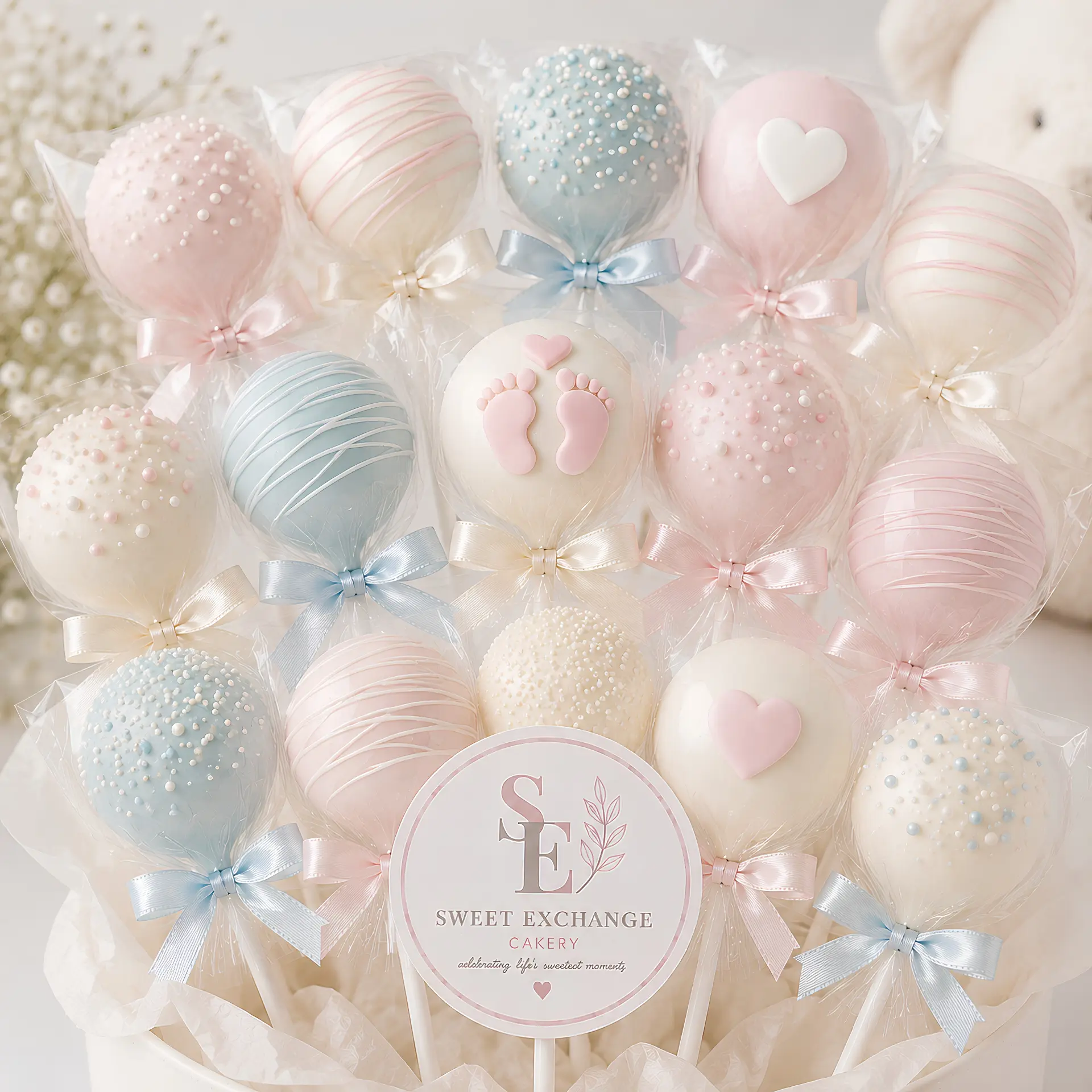 Pink & blue baby shower pop arrangement
