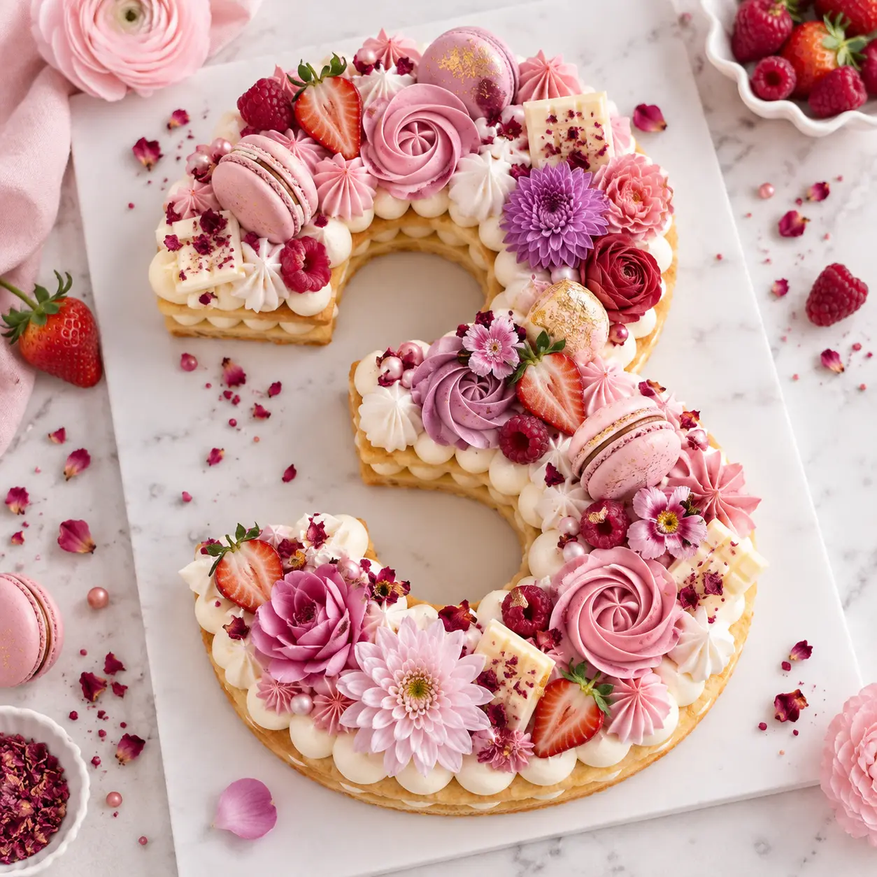 Berry and rose number three cake