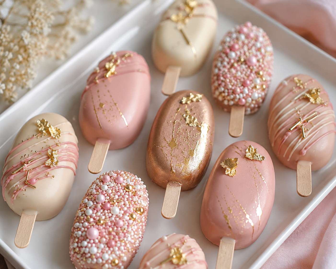 Elegant pink, cream and gold cakesicles decorated with sprinkles and gold leaf