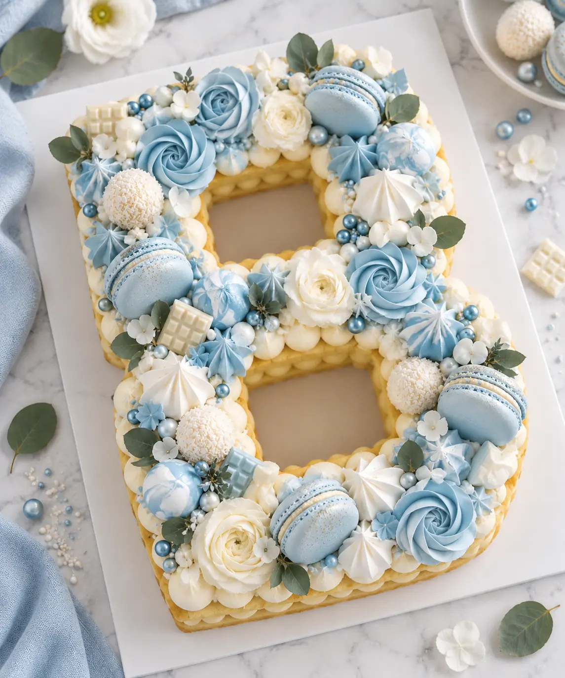 Blue and white floral number eight cake