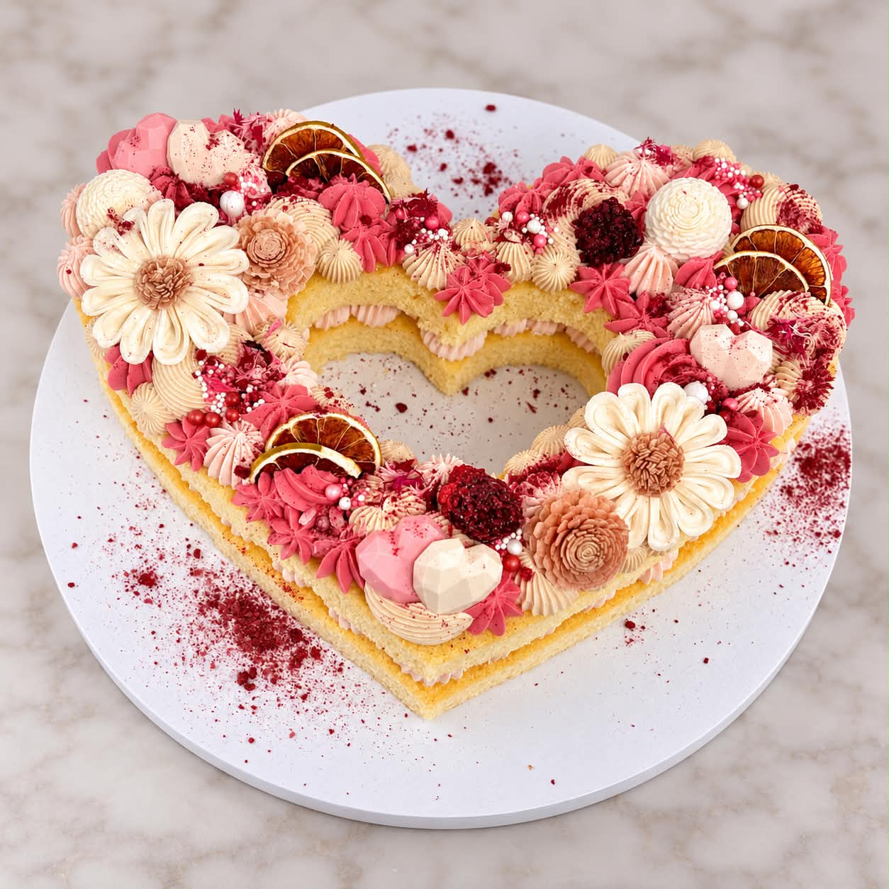 Hand-piped heart detail celebration cake