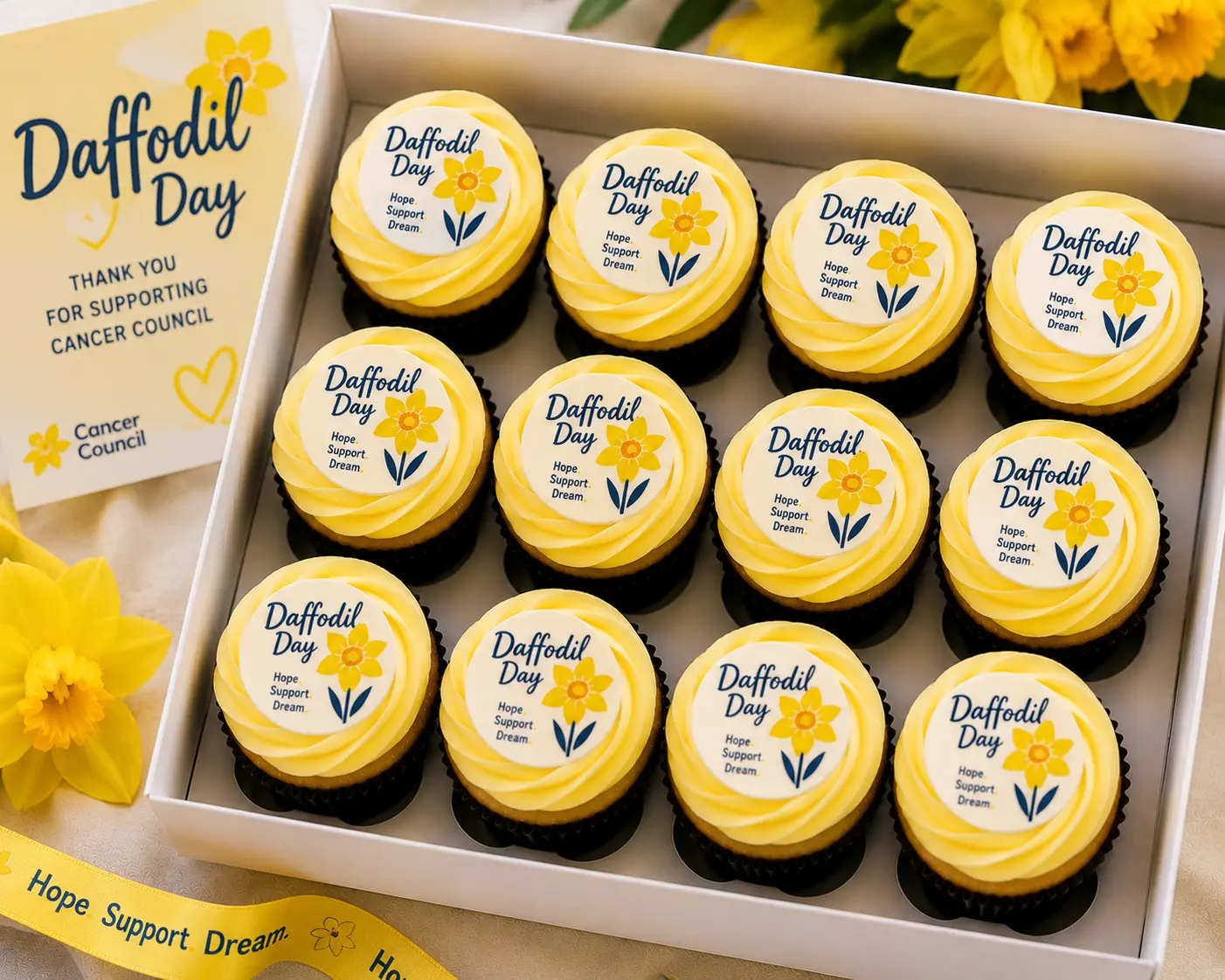 Daffodil Day branded cupcakes example