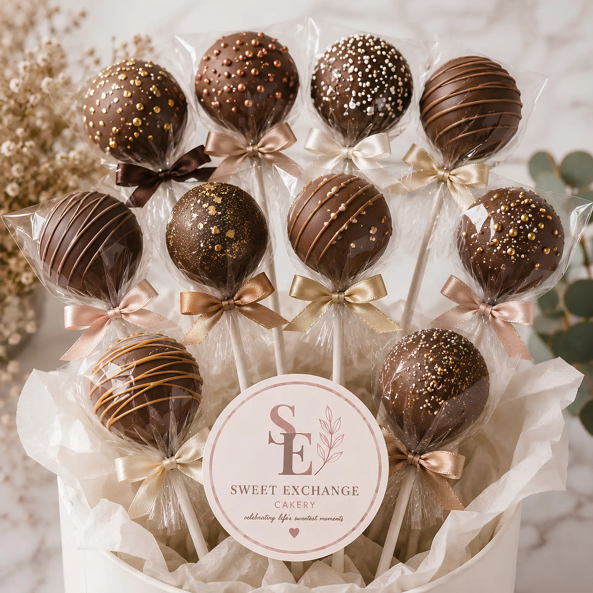 Chocolate pops with gold accents and satin bows