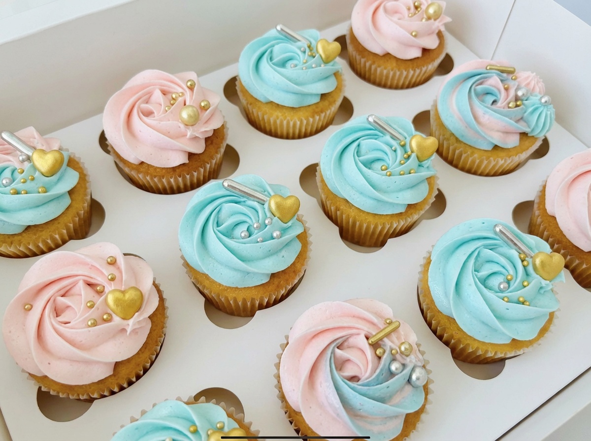Blush pink & powder blue with gold hearts