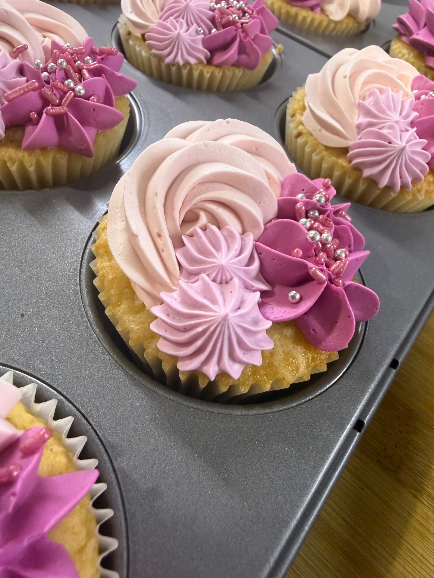 Pink floral piping with silver pearls