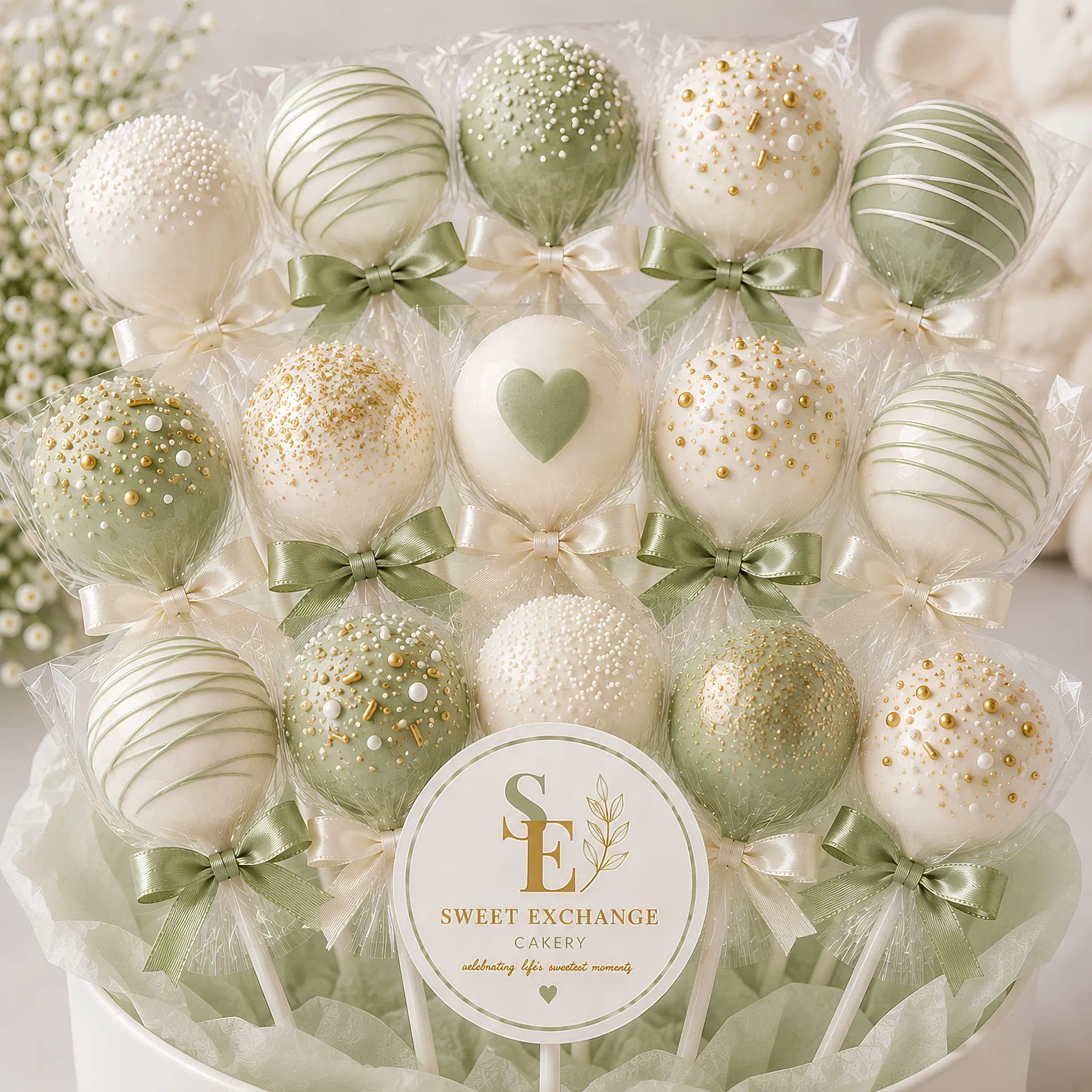 Sage green & gold pops with heart detail