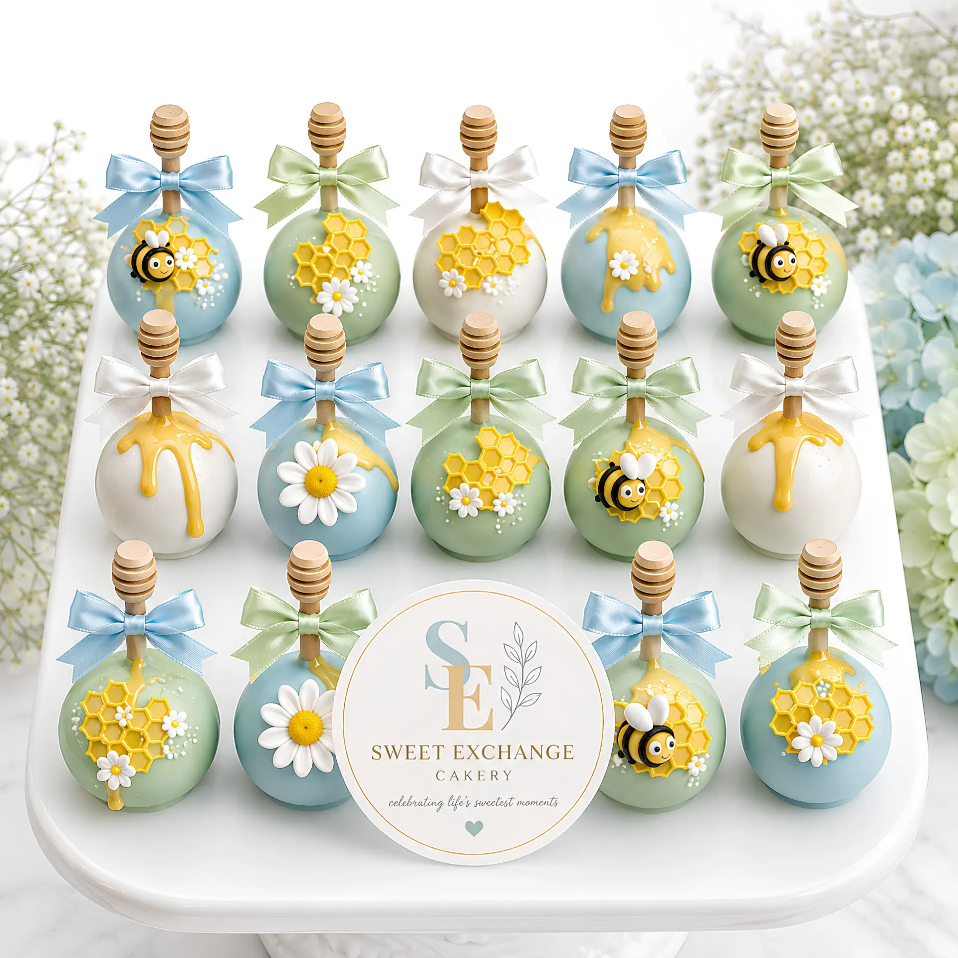 Honey bee & daisy pops with wooden dipper sticks