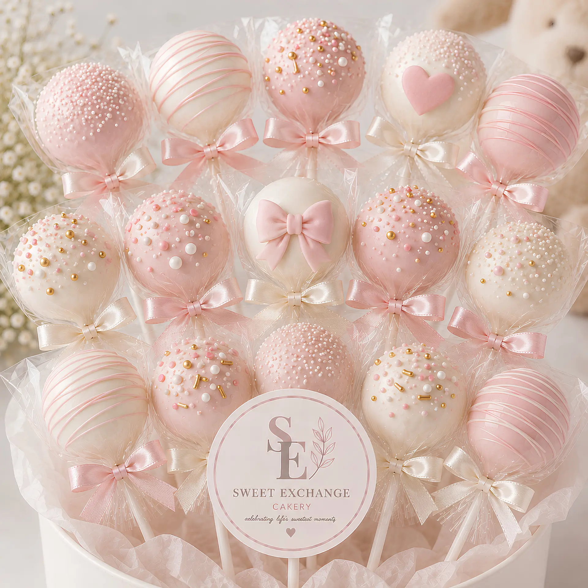 Blush pink pops with bow and heart toppers
