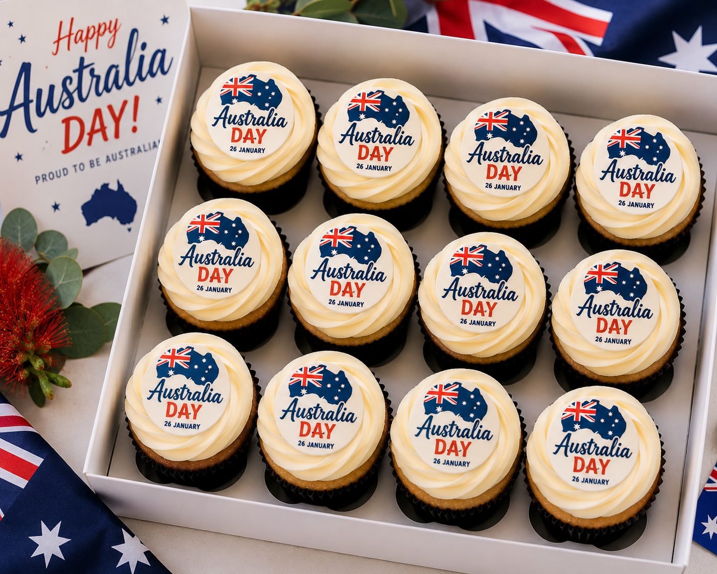 Australia Day cupcakes with Australian flag and map edible toppers in a white bakery box
