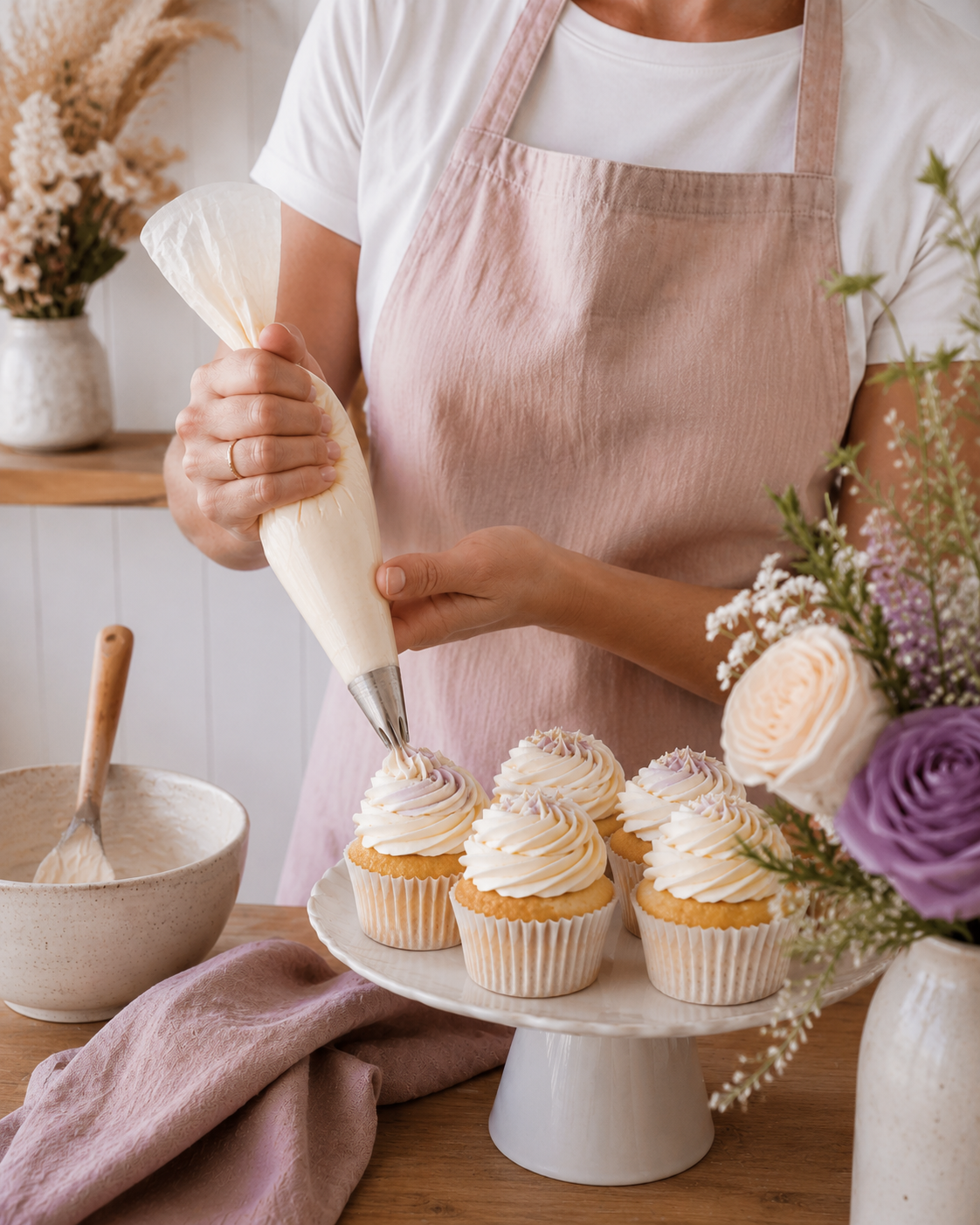 Bec hand-piping buttercream onto cupcakes in the Sweet Exchange Cakery studio