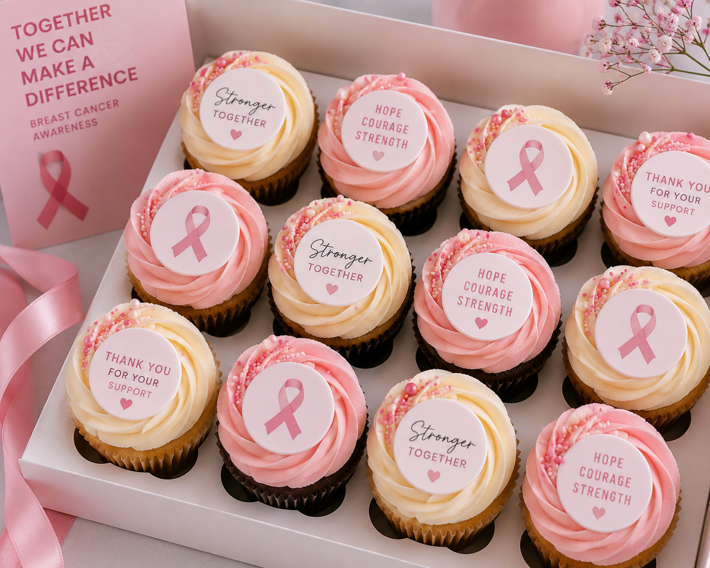 Breast Cancer Awareness cupcakes with pink ribbon toppers