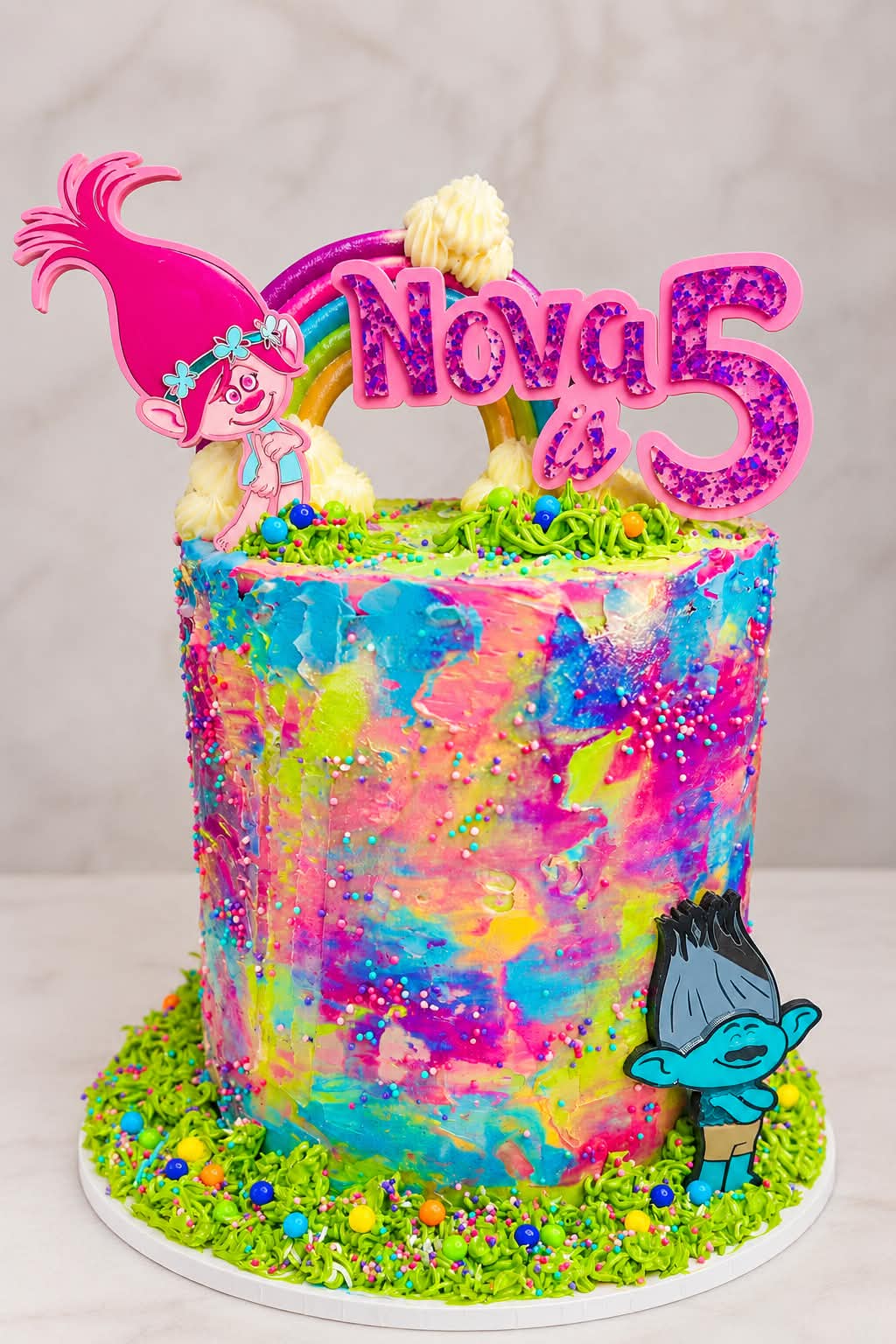 Colourful Trolls themed custom birthday cake