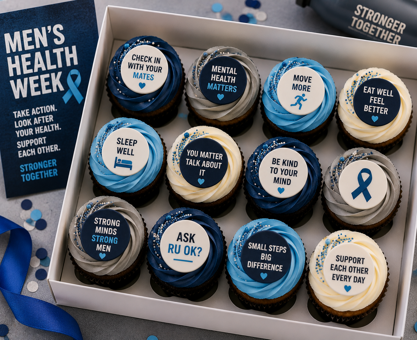 Men's Mental Health Week cupcakes with blue and white edible toppers and mental-health messages in a white bakery box