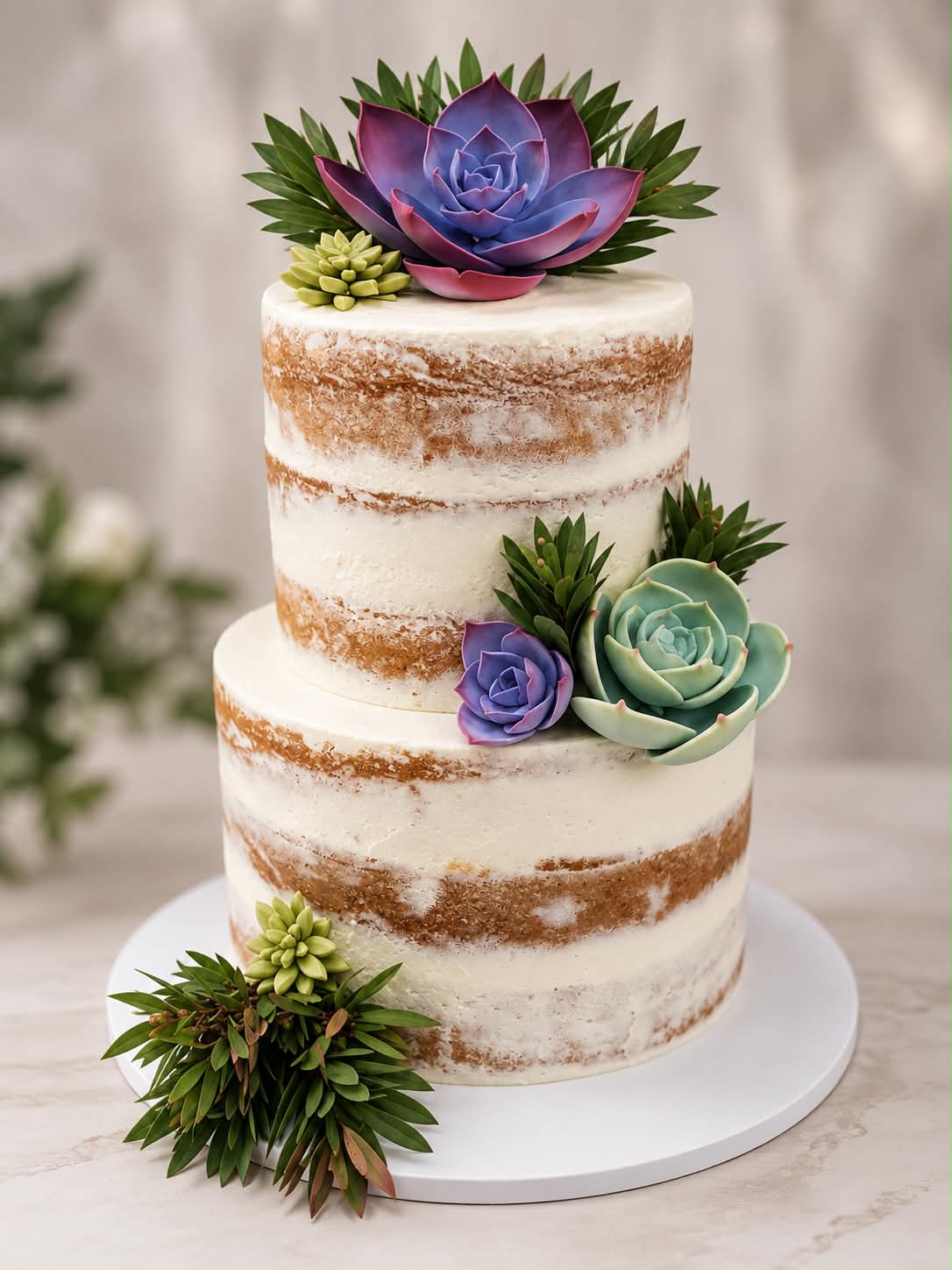 Two tier semi-naked custom cake with succulent decorations