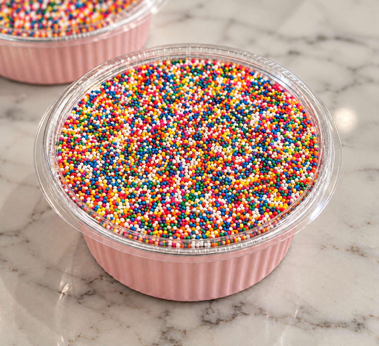 Earlier rainbow-sprinkle cake photographed in a pale-pink ribbed pan with a clear lid
