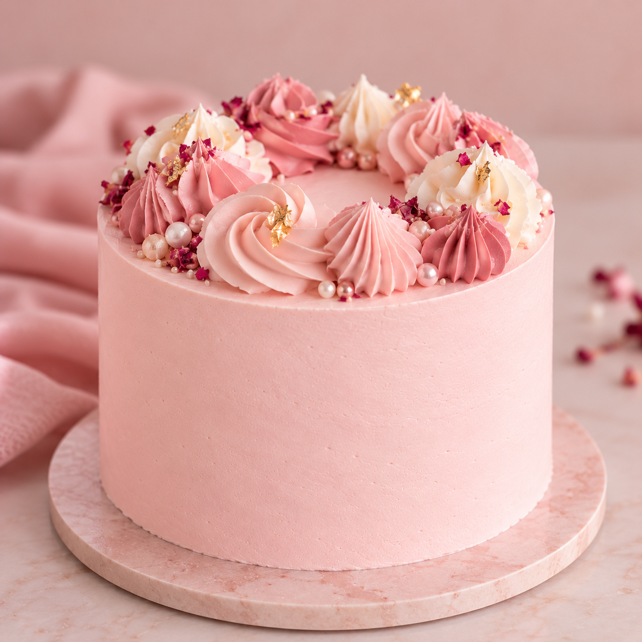 Pink buttercream cake with piped buttercream swirls and sprinkles