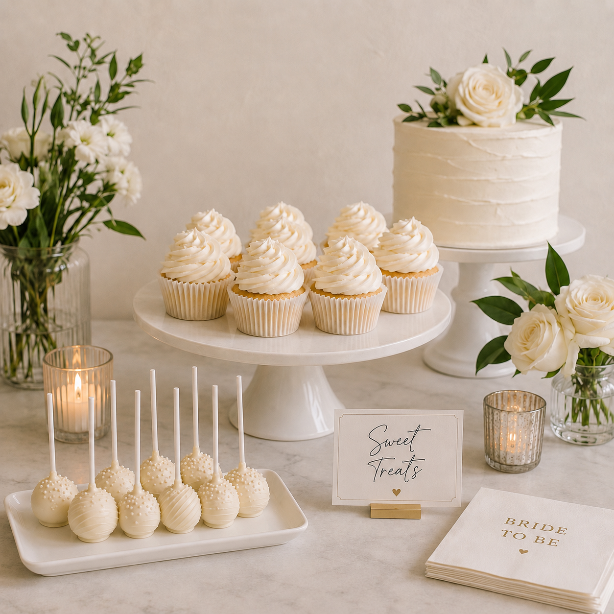 Styled dessert table with custom sweets and cupcakes