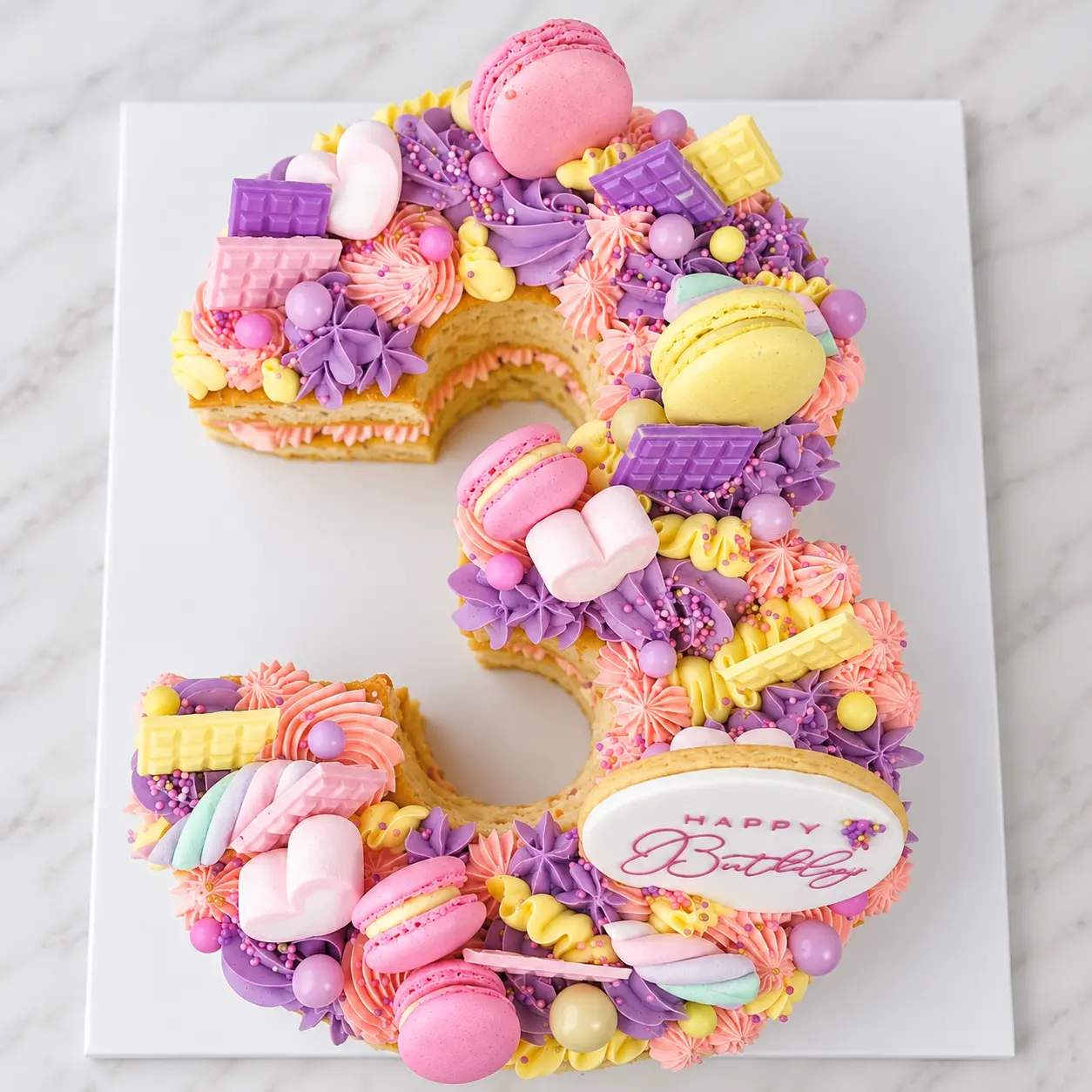 Pastel pink, purple and yellow number three cake