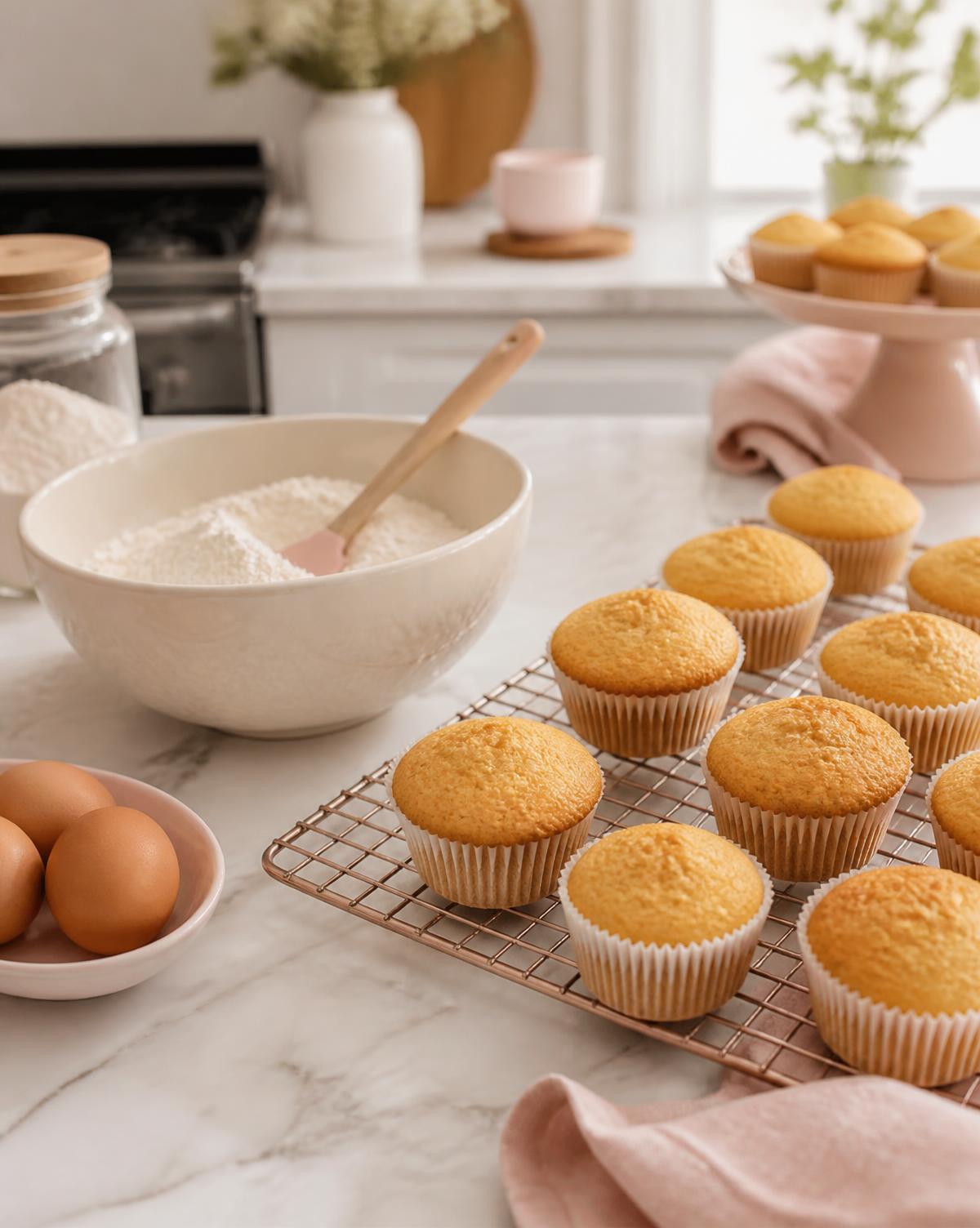 Close-up of buttercream being piped and cupcakes being finished in the studio