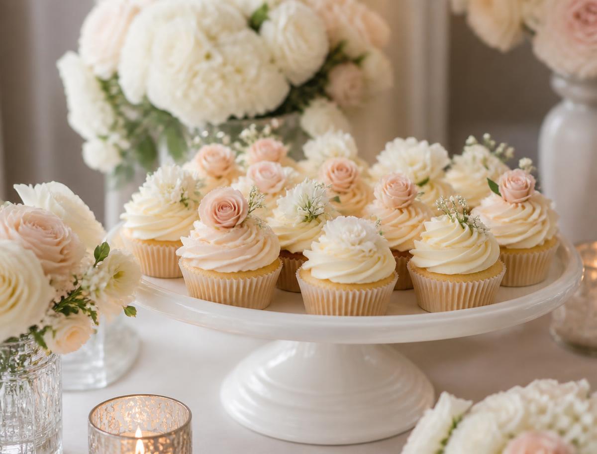 A large order of hand-finished cupcakes styled for an event dessert table