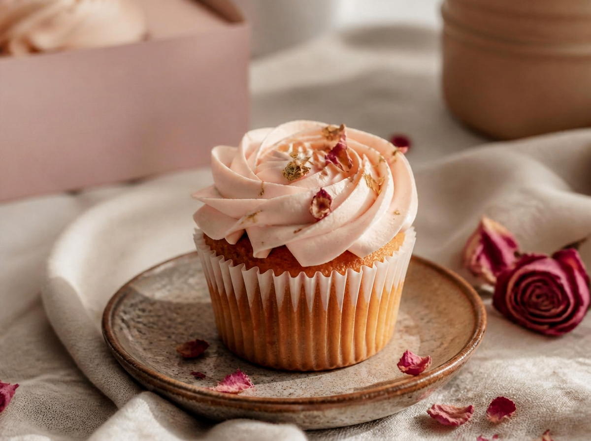 Handmade cupcake with rose buttercream and gold leaf, styled on soft linen